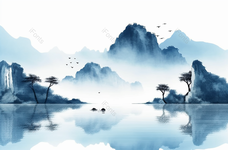 树立江面浓雾蒙蒙中国风蓝色水墨山水画背景,插画/手绘图,插画/手绘图库,插画/手绘图下载,插画/手绘